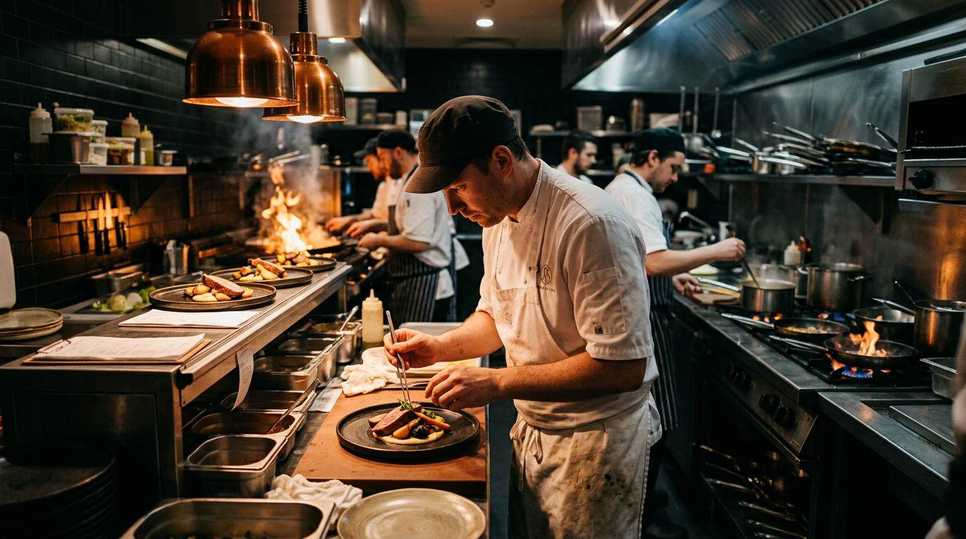 A chef plating a dish at the pass of a busy professional kitchen